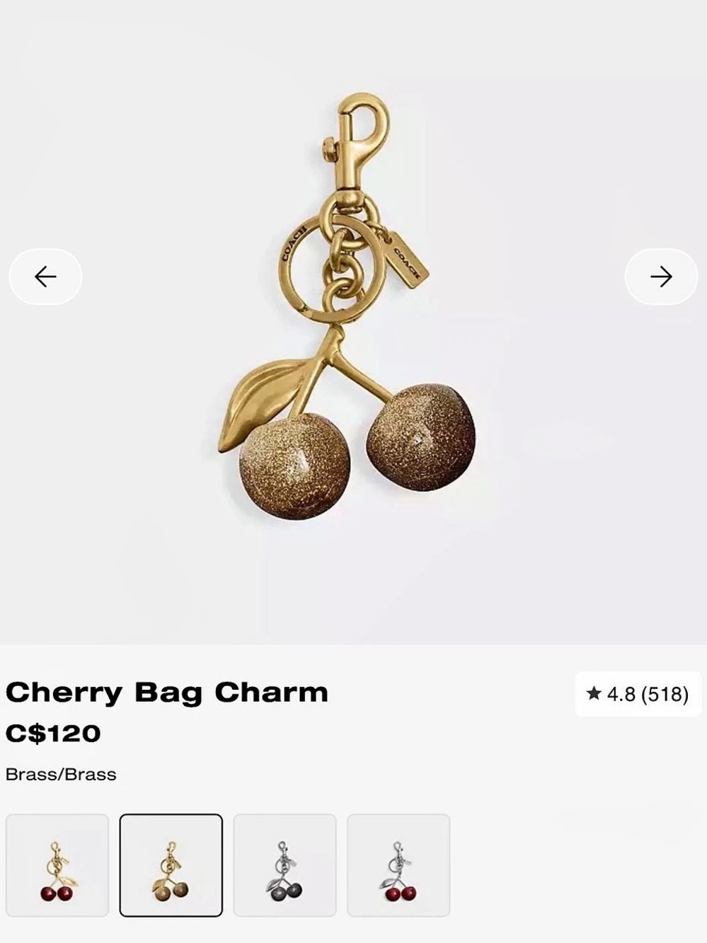 Coach Cherry Bag Charm 77840 Gold & Brown